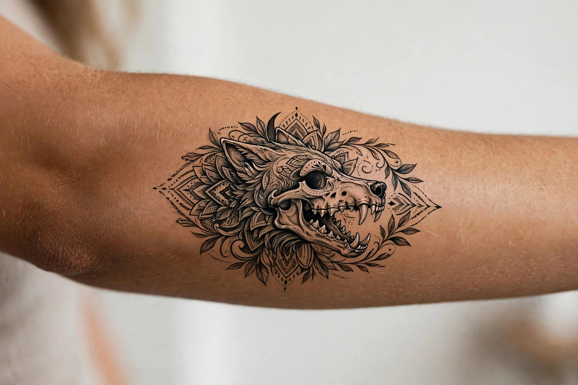 Wolf skull tattoo with detailed bone structure on a man's forearm