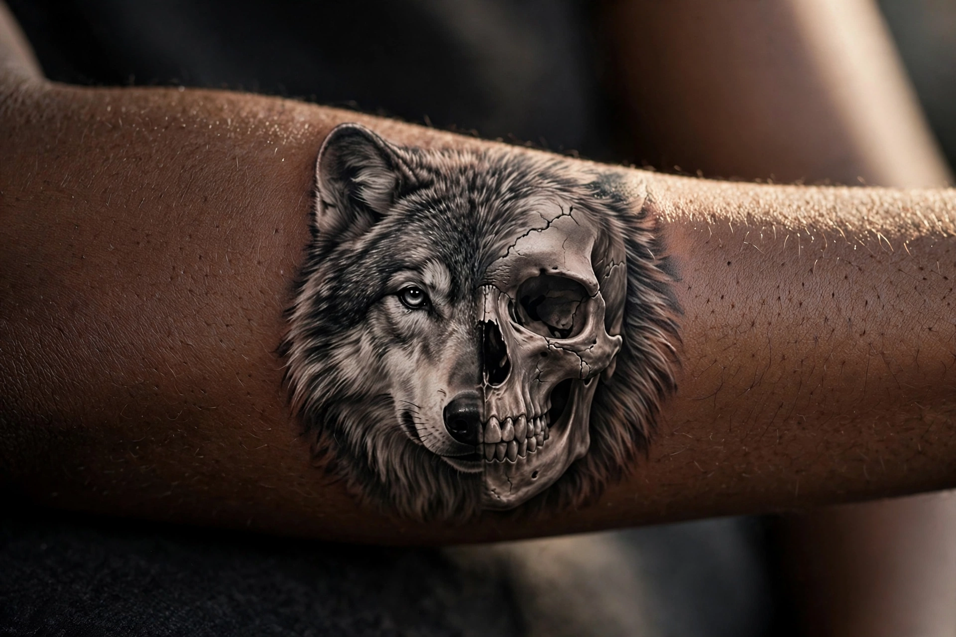 Half wolf half skull split design tattoo on a man's bicep