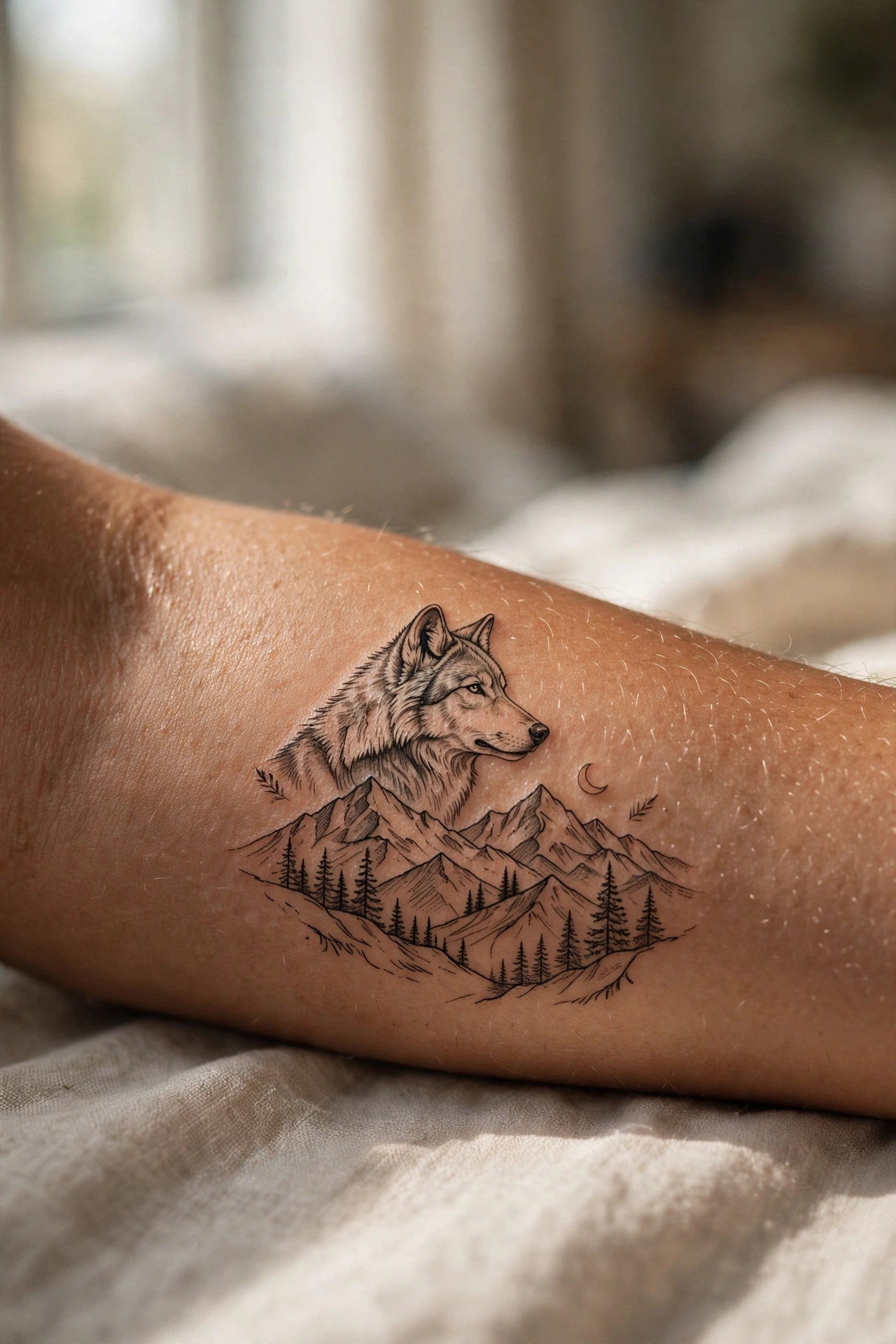 Wolf standing before mountain peaks tattoo on a man's thigh
