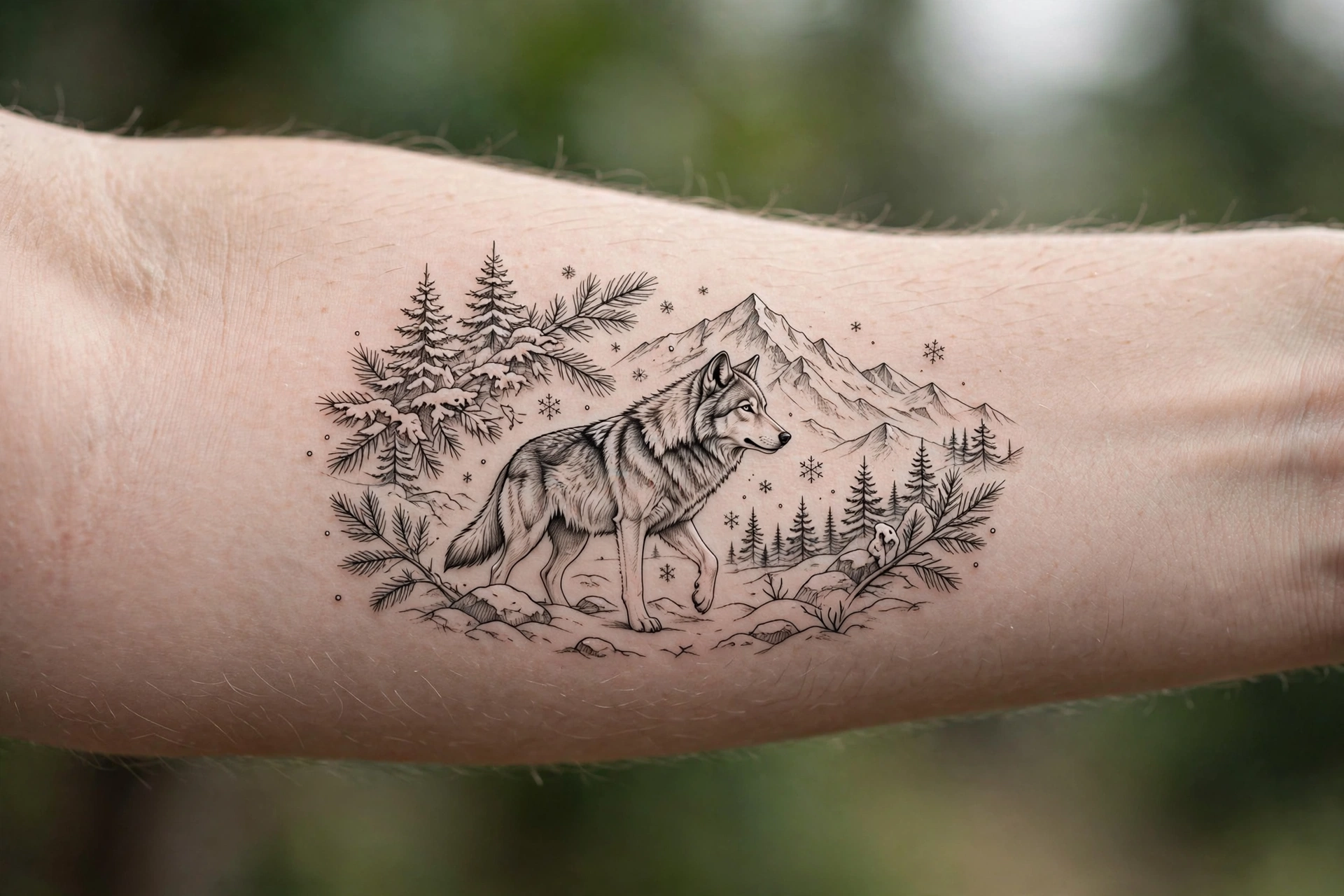 White wolf in falling snow tattoo on a man's forearm