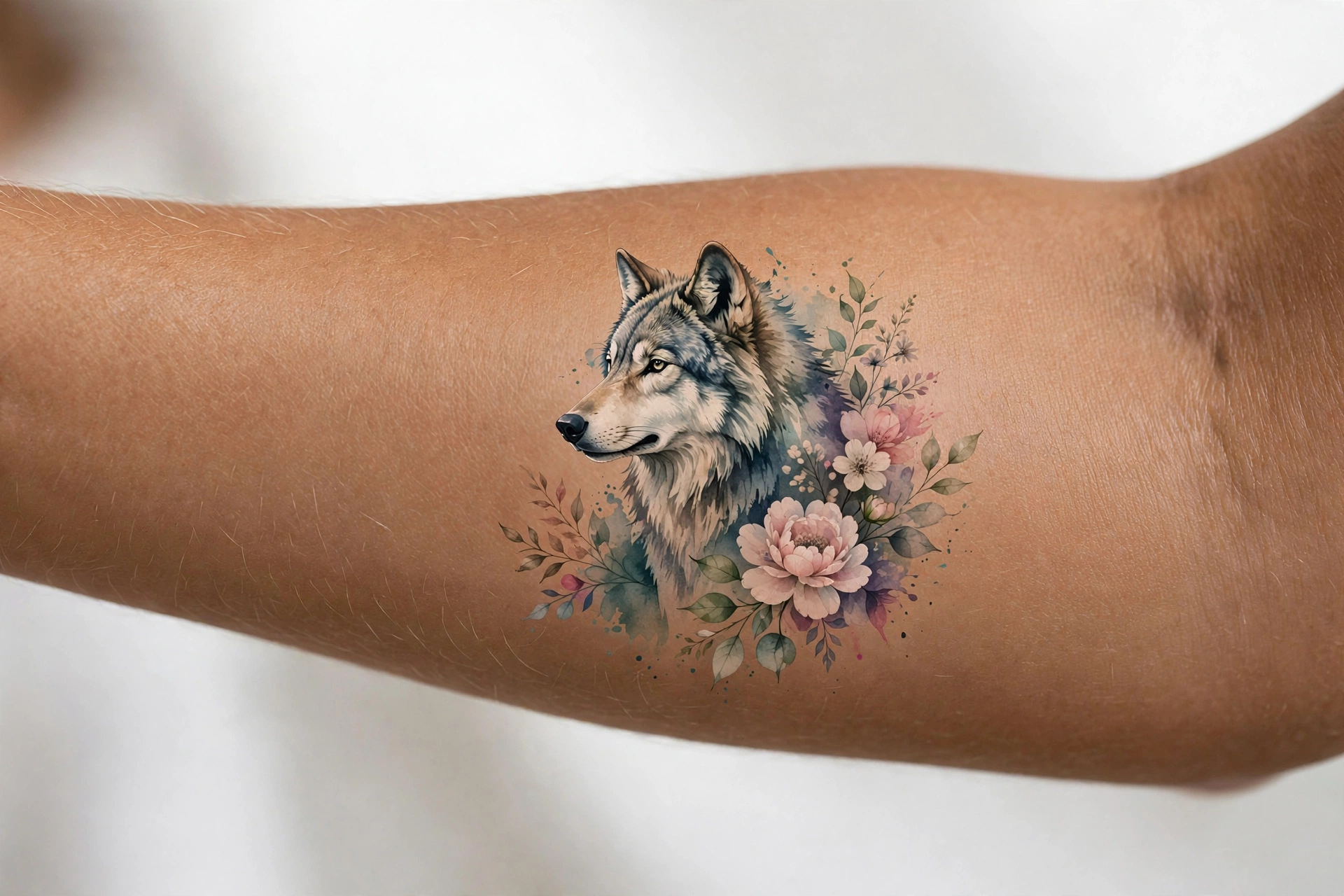 Wolf surrounded by wildflowers tattoo on a man's shoulder