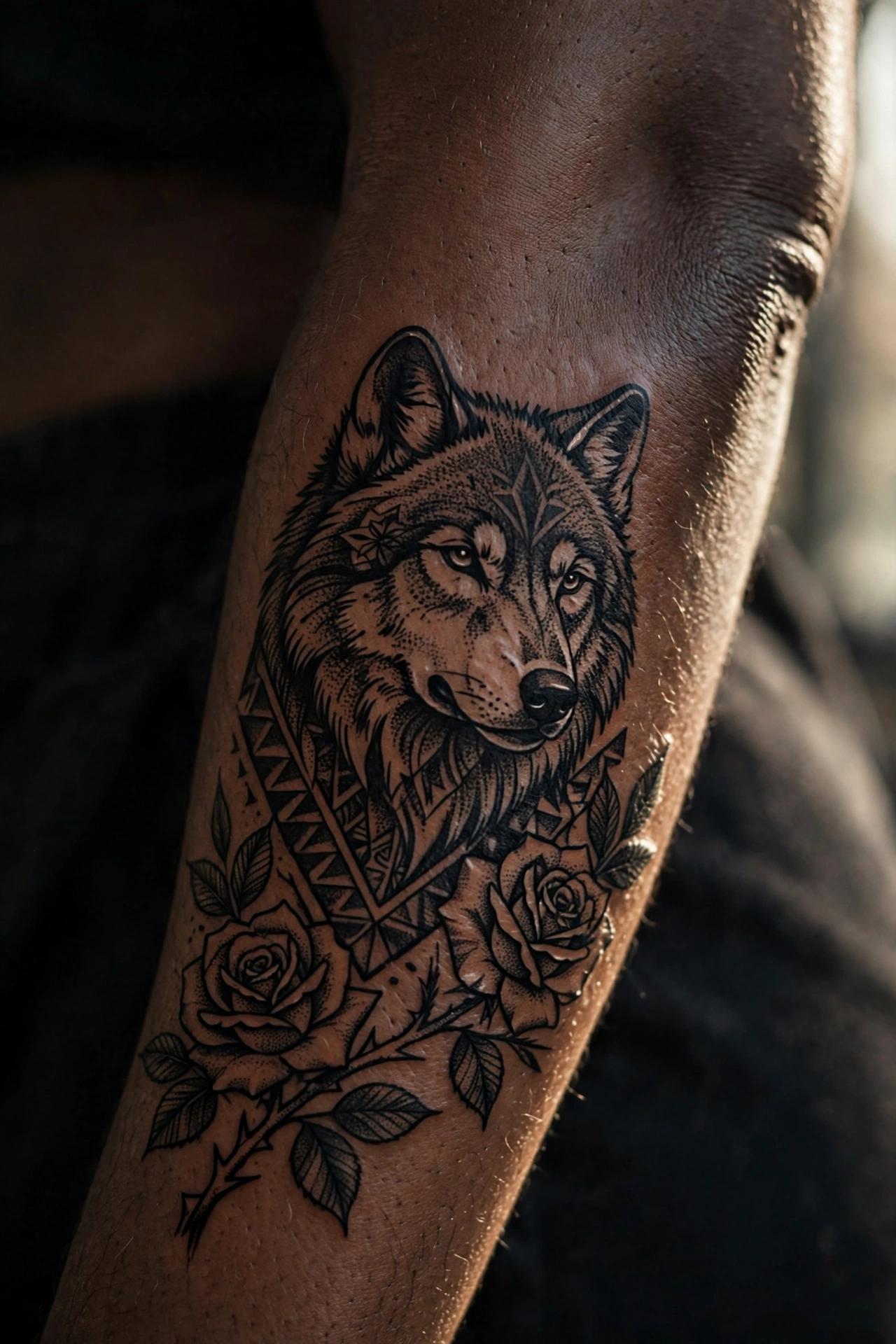 Wolf with red roses tattoo combining wildness and love on a man's arm
