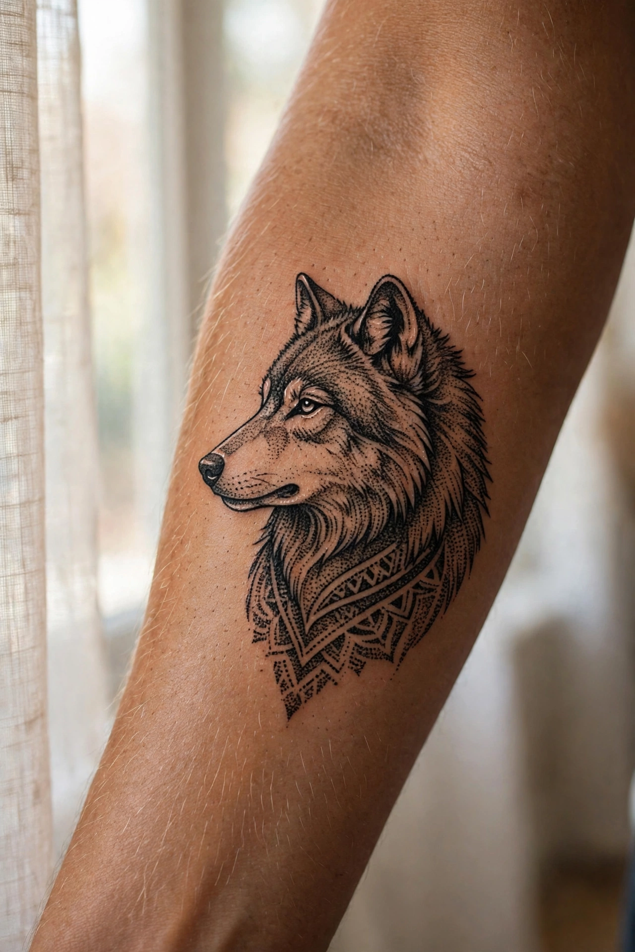Solid black blackwork wolf tattoo on a man's calf