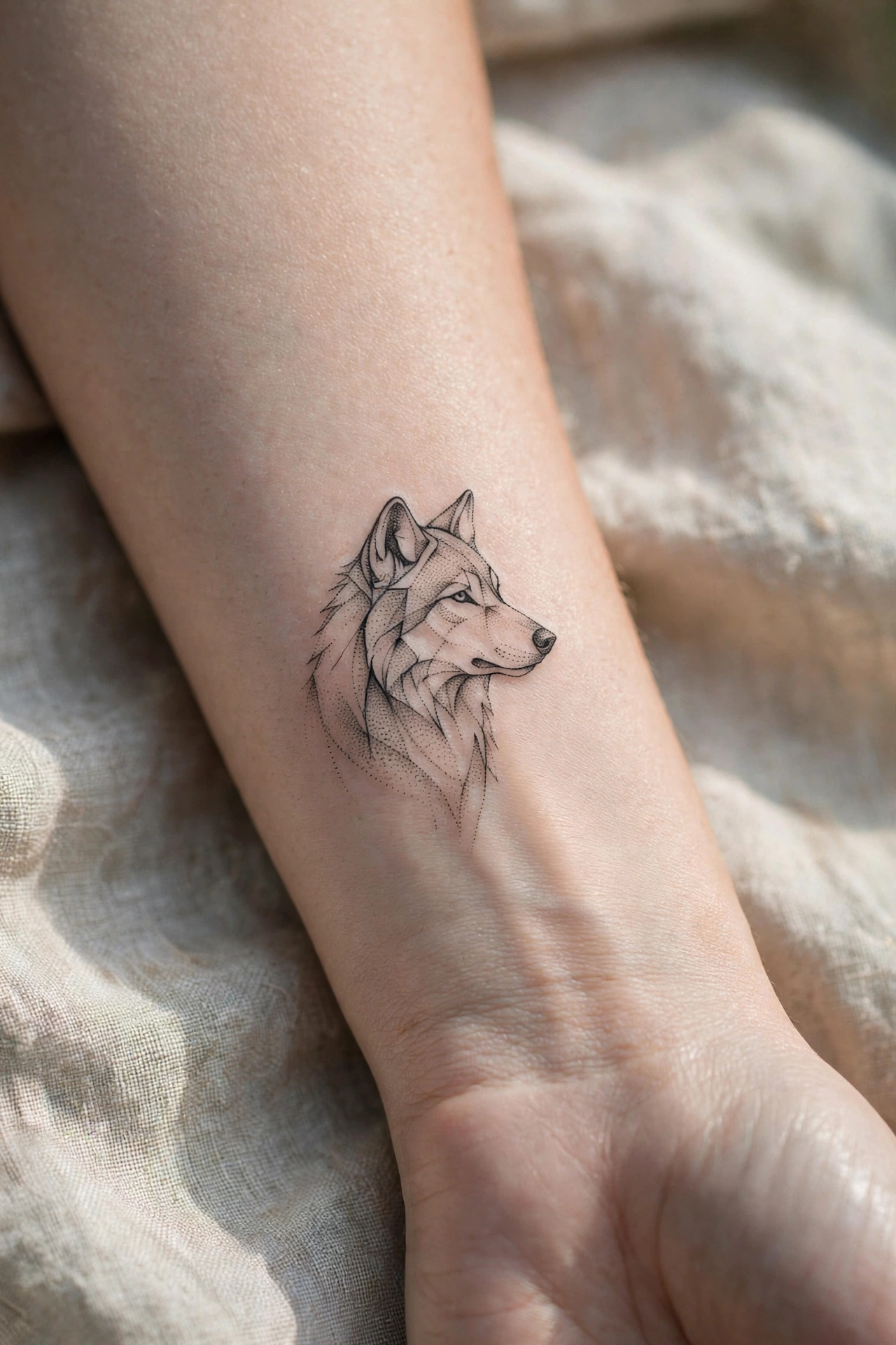 Dotwork wolf portrait tattoo made of fine dots on a man's forearm