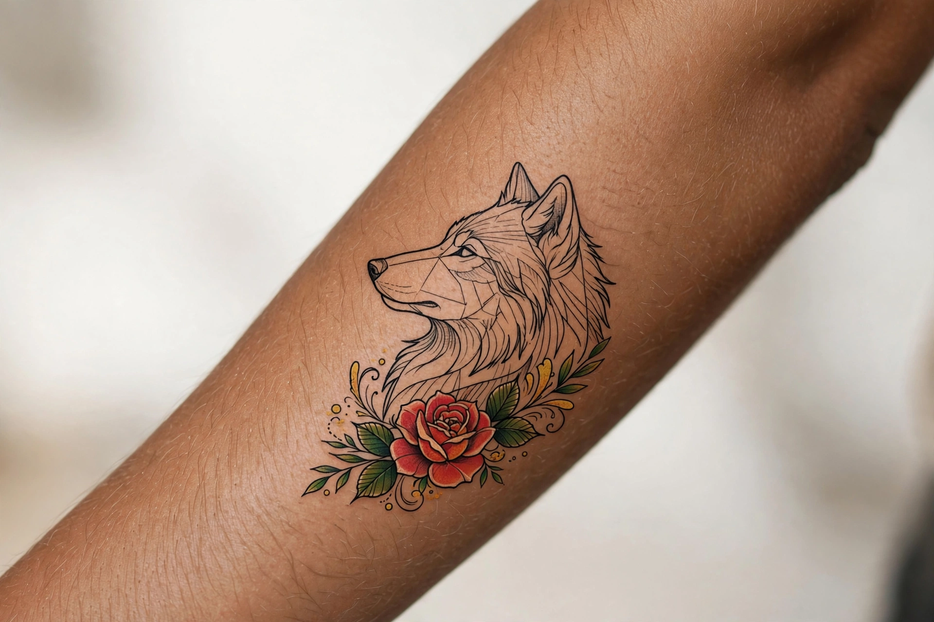 Minimalist single-line wolf tattoo on a man's wrist