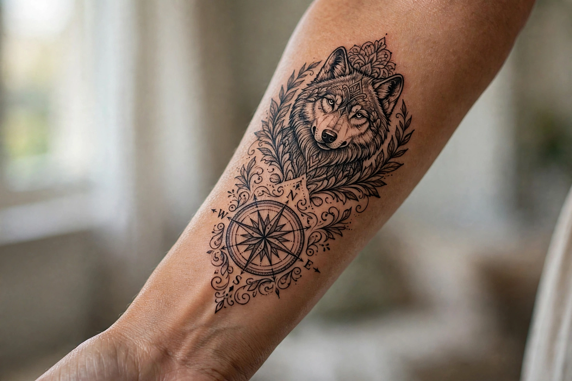 Wolf merged with compass tattoo on a man's forearm