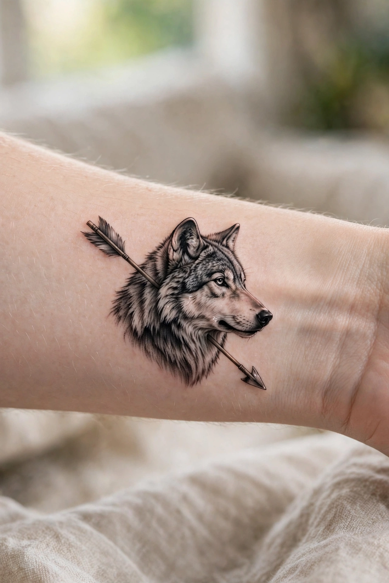 Wolf pierced by arrows tattoo symbolizing survival on a man's chest