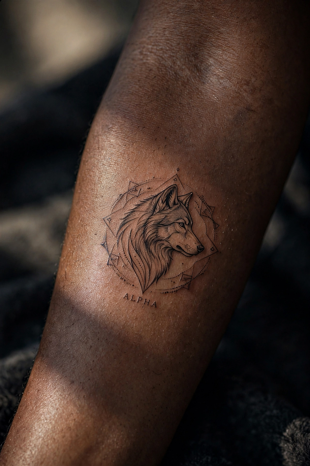 Dominant alpha wolf leading tattoo on a man's upper arm