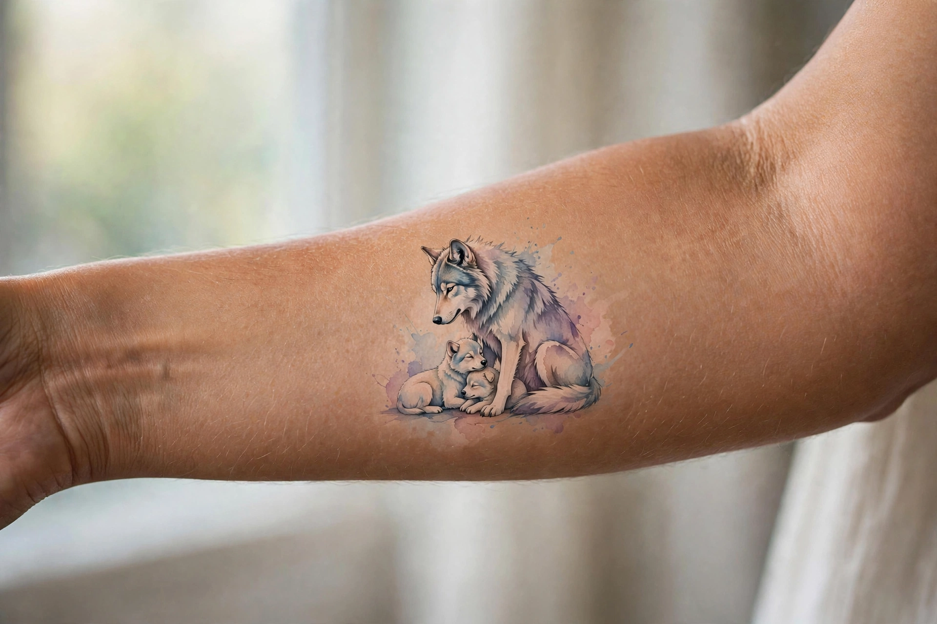 Mother wolf with pups tattoo symbolizing family protection on a man's bicep