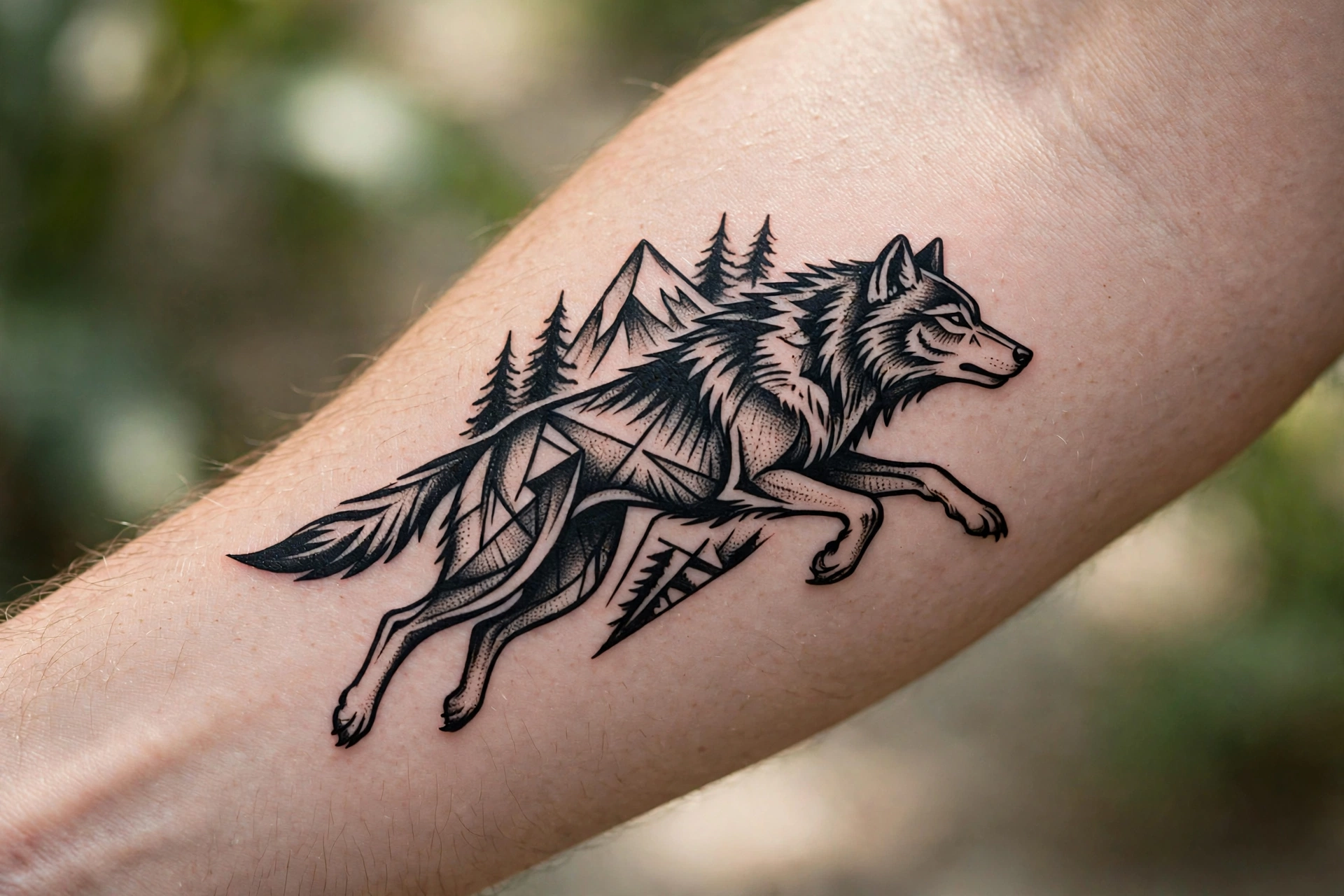 Wolf sprinting at full speed tattoo on a man's calf
