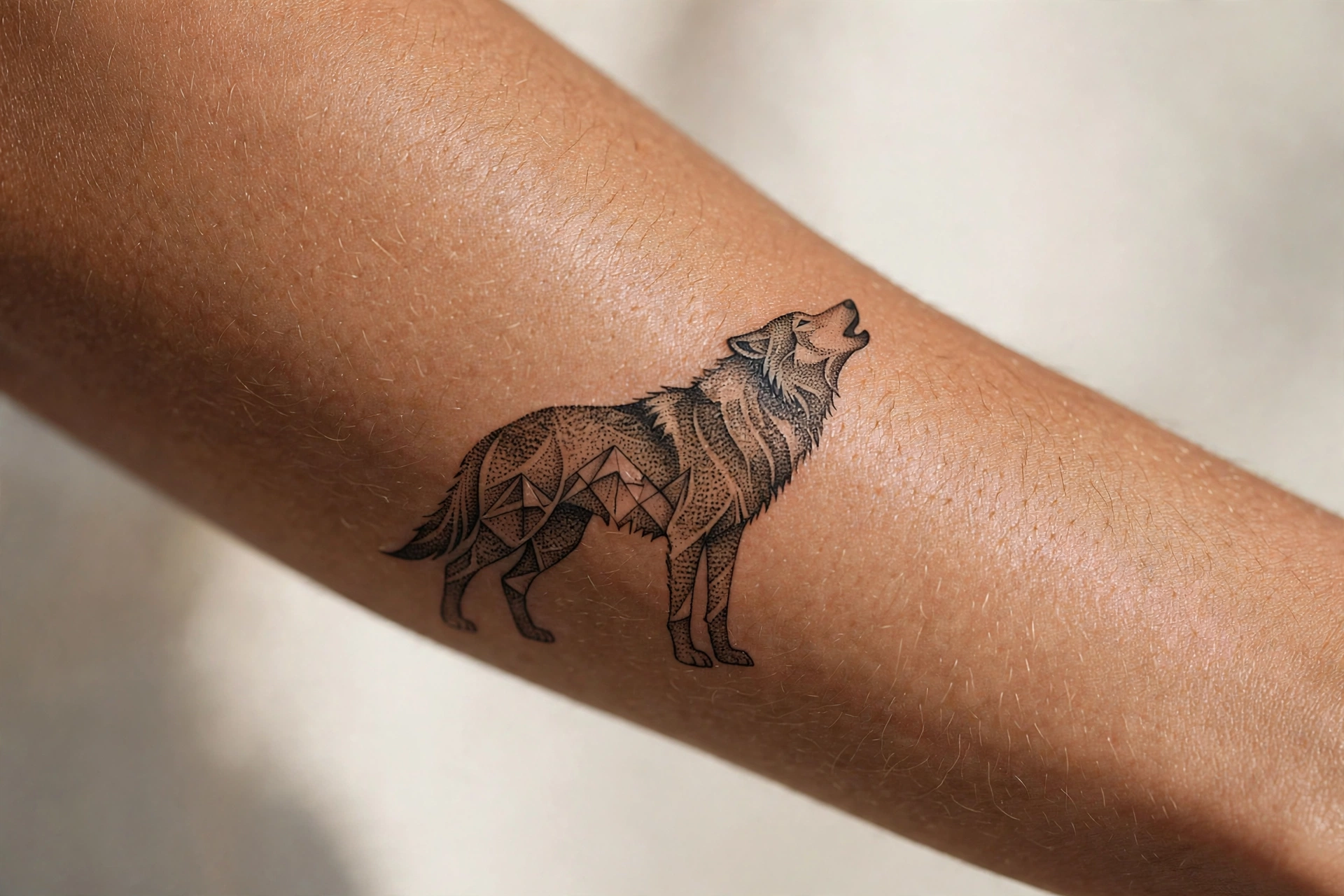 Howling wolf silhouette against sunset tattoo on a man's shoulder blade