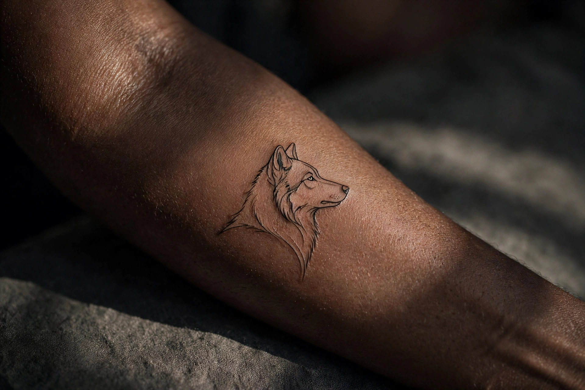 Wolf head side profile tattoo in fine detail on a man's neck