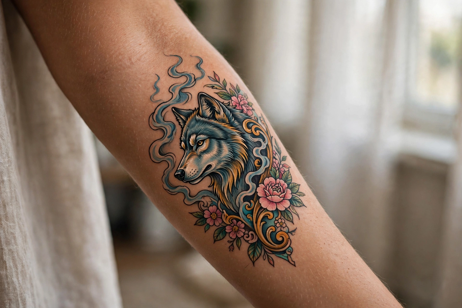 Wolf emerging from swirling smoke tattoo on a man's bicep