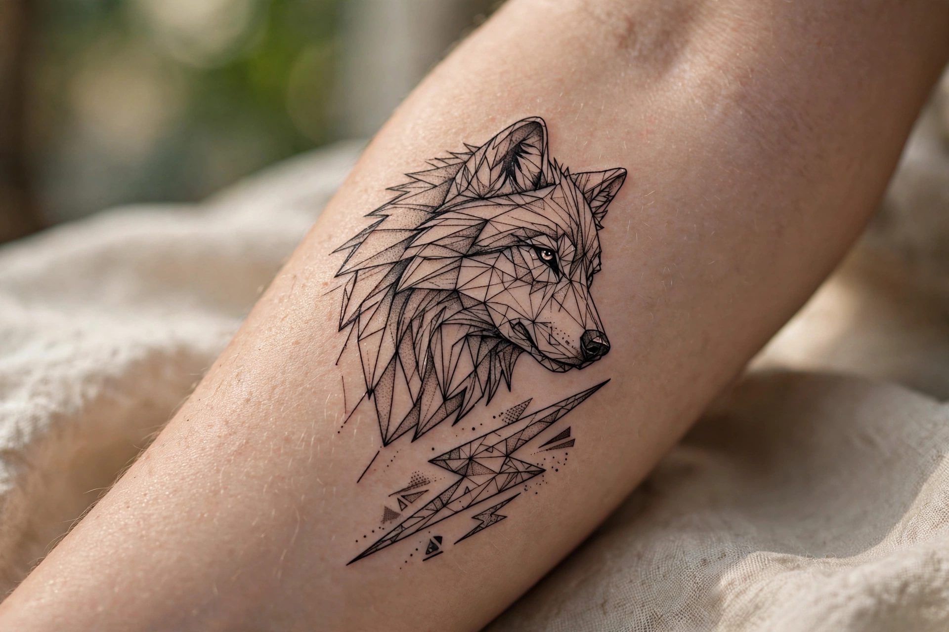 Wolf with lightning bolts tattoo on a man's forearm