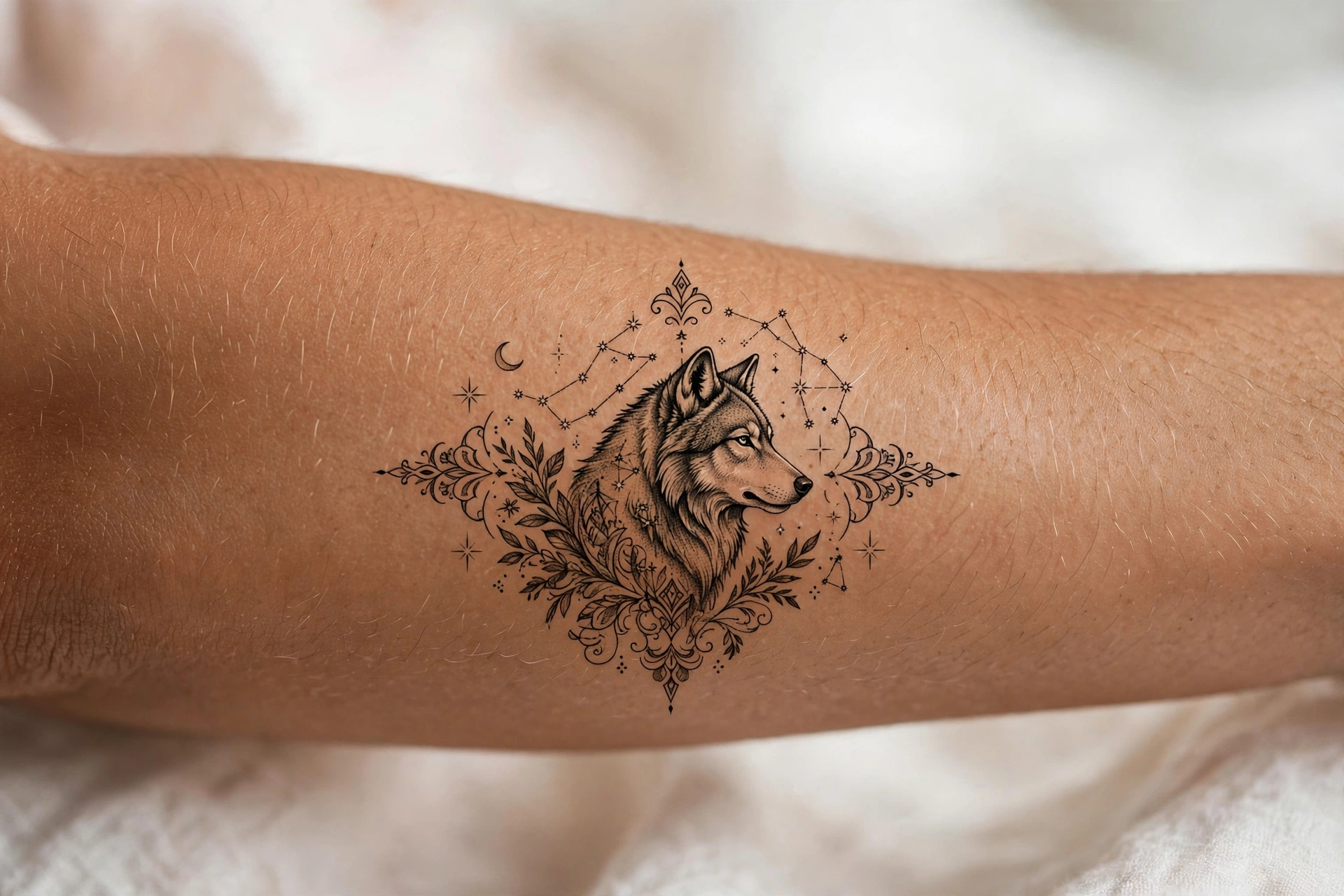 Wolf formed by constellation stars tattoo on a man's chest
