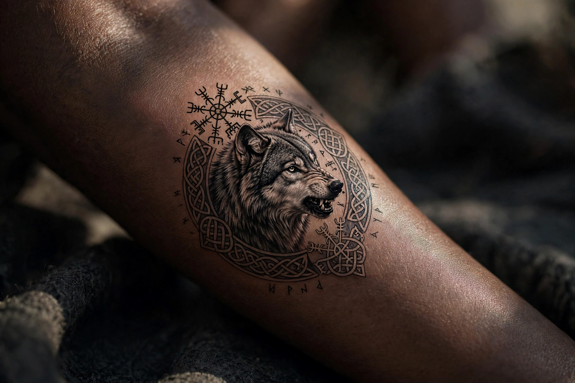 Norse Viking style wolf tattoo with knotwork on a man's arm