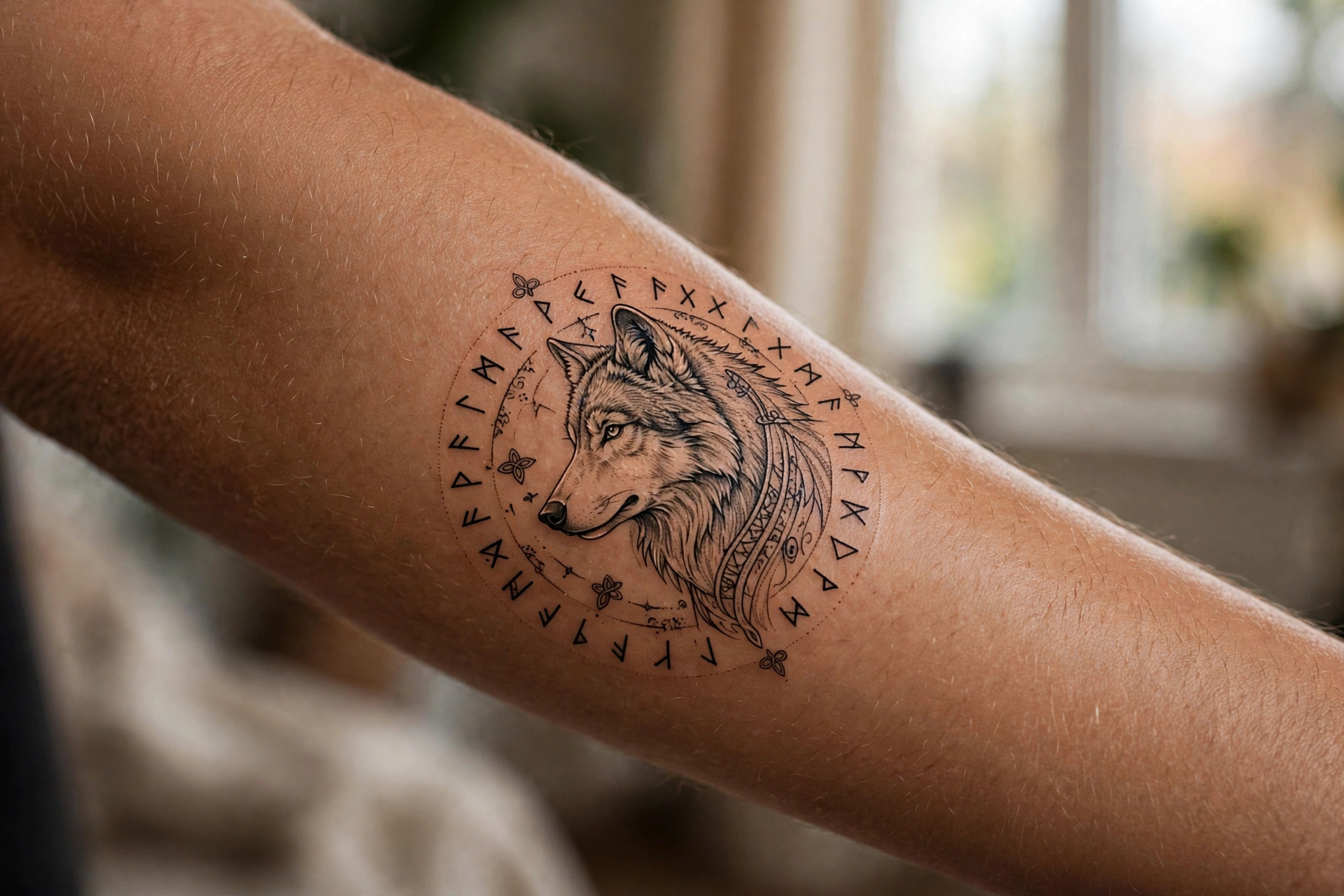 Wolf surrounded by Viking runes tattoo on a man's forearm