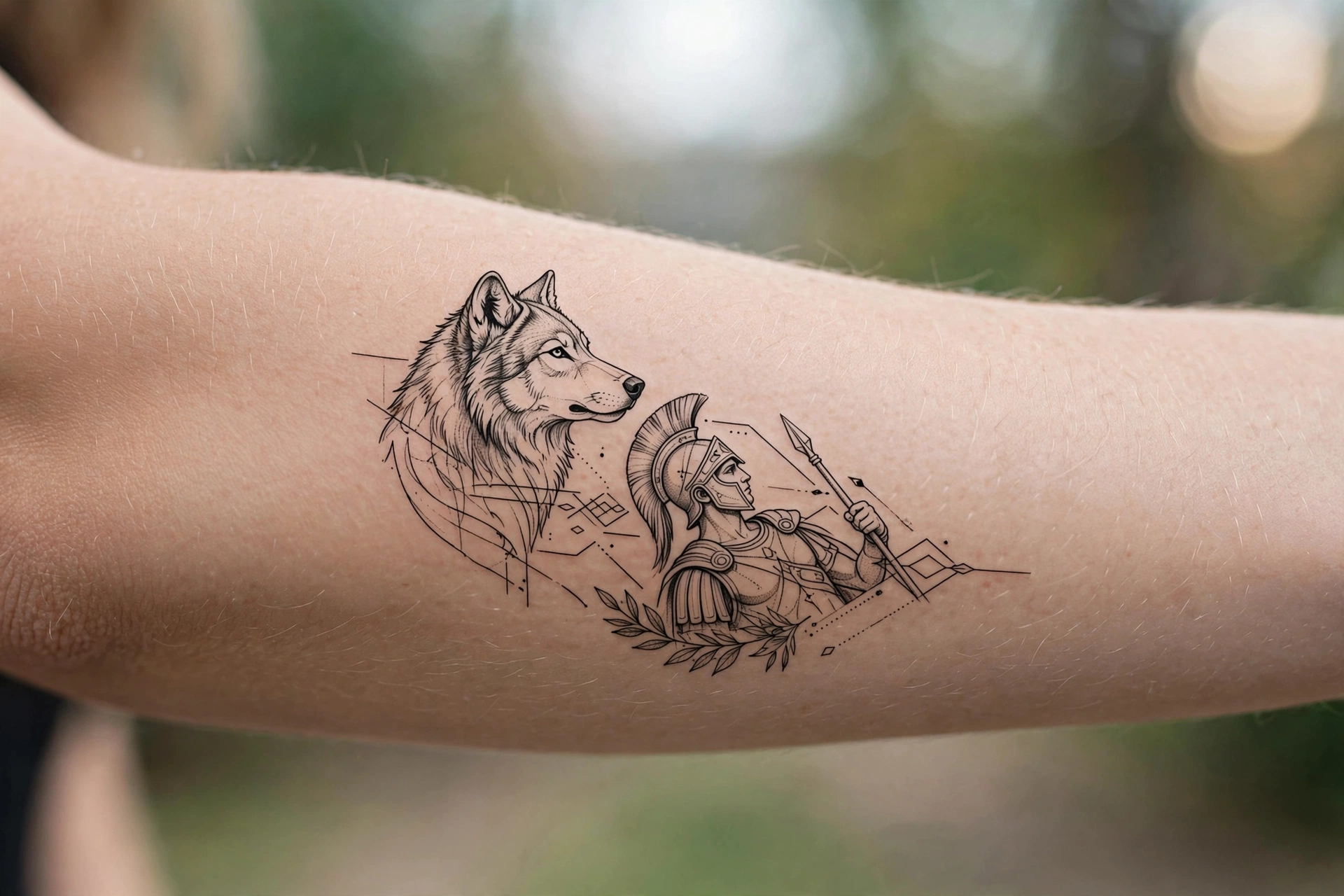 Warrior standing beside a wolf tattoo on a man's back