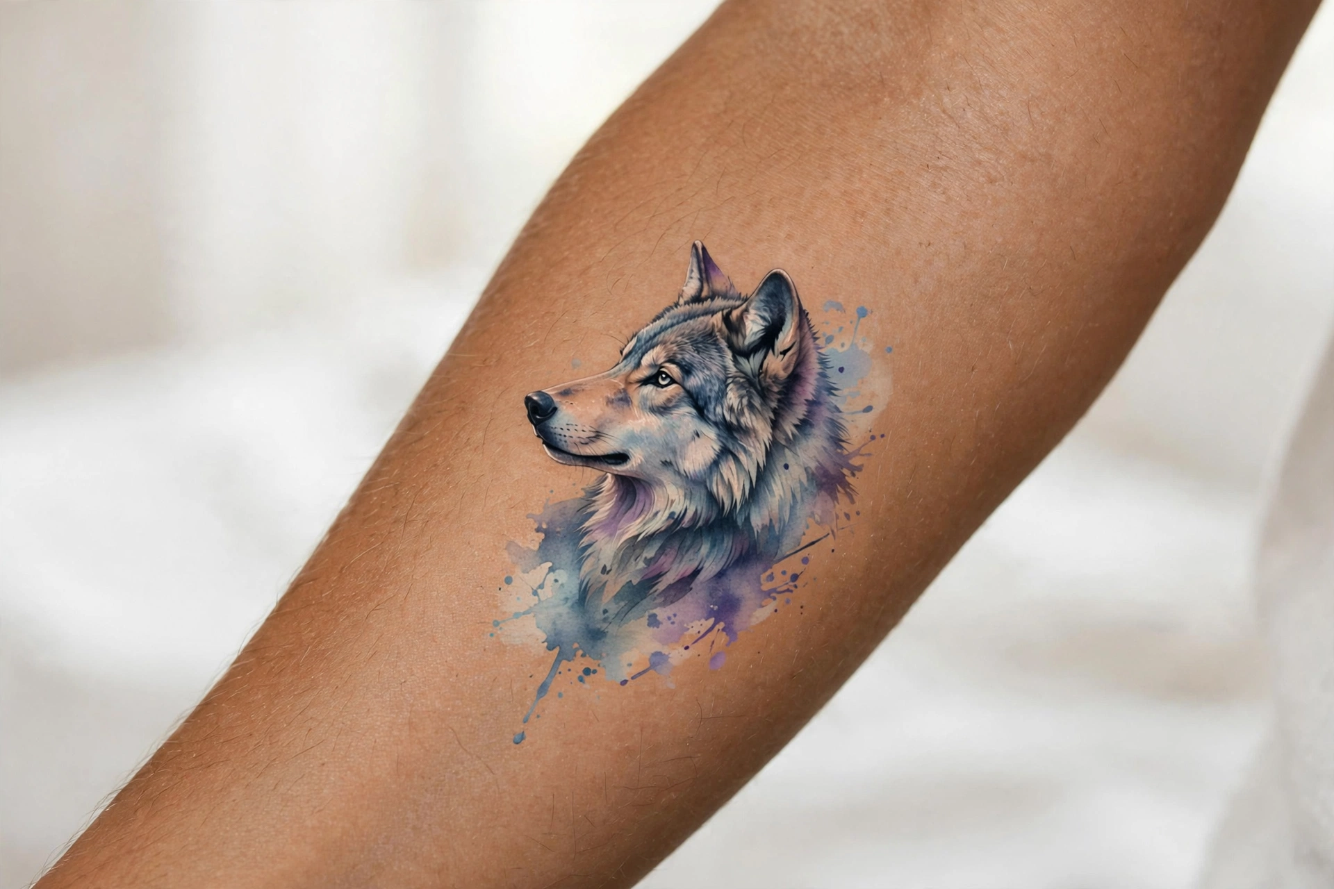 Small wolf head tattoo on the side of a man's neck