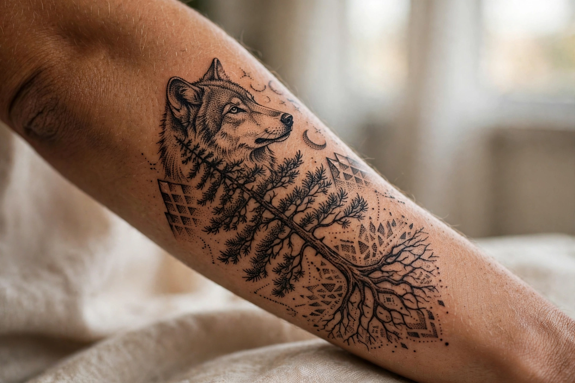 Wolf beneath a great tree tattoo on a man's thigh