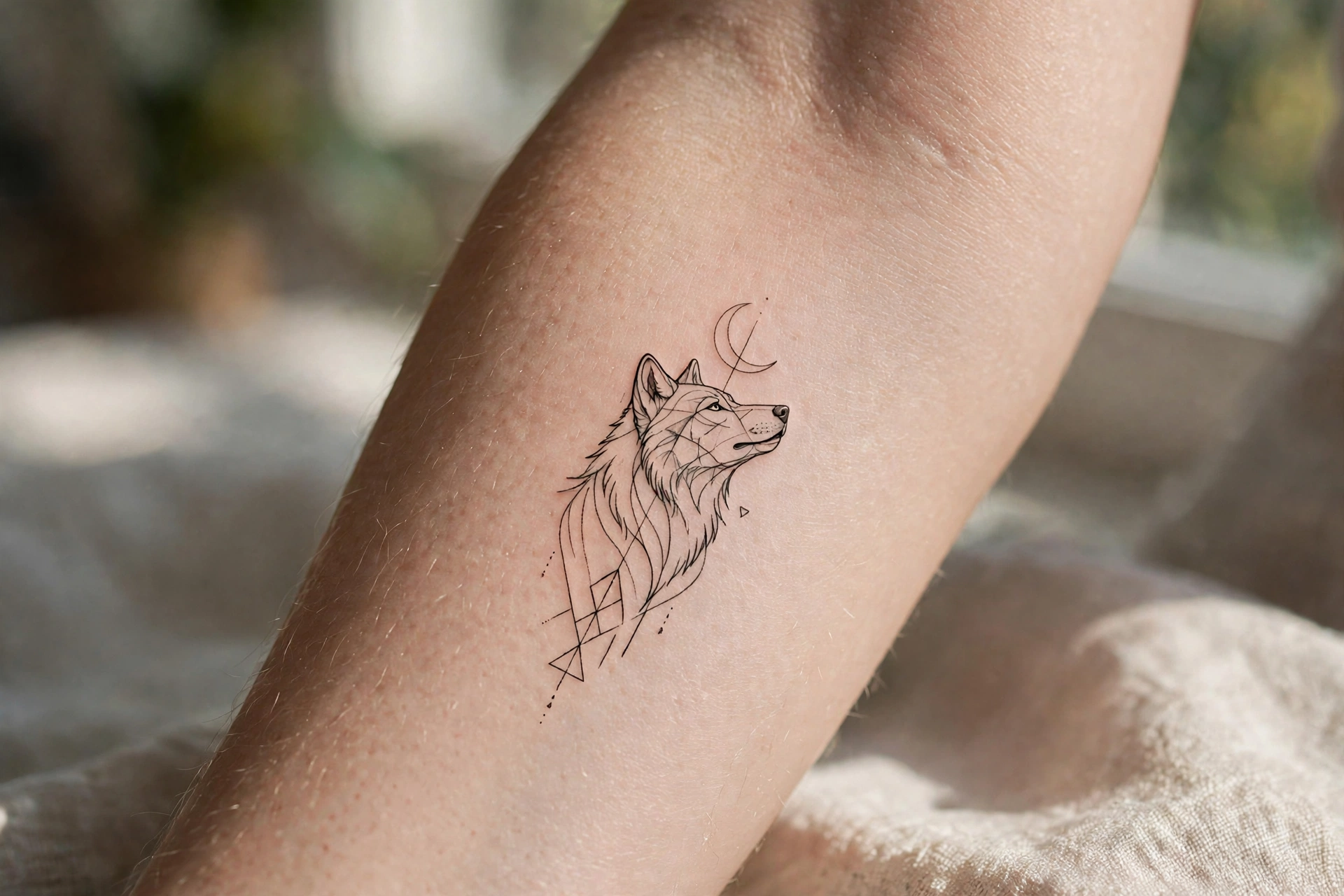 Mystical wolf spirit with glowing eyes tattoo on a man's chest