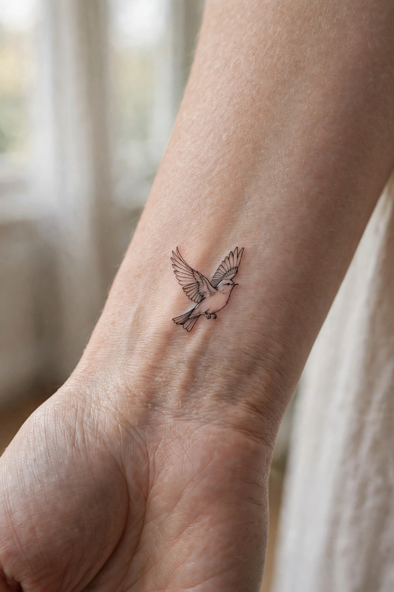 Small butterfly tattoo with open wings on a woman’s wrist