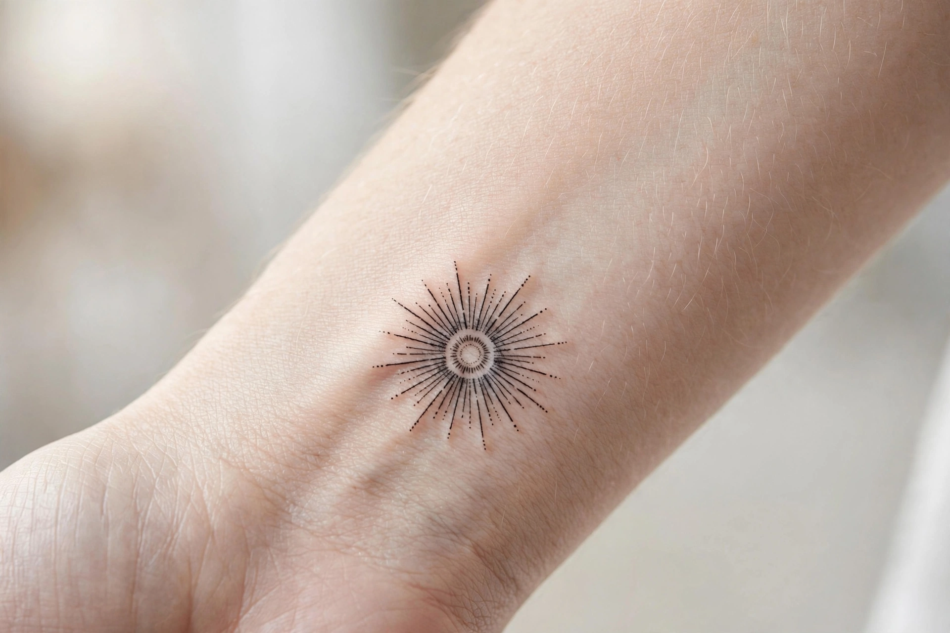 Tiny rosebud tattoo on a woman’s inner wrist