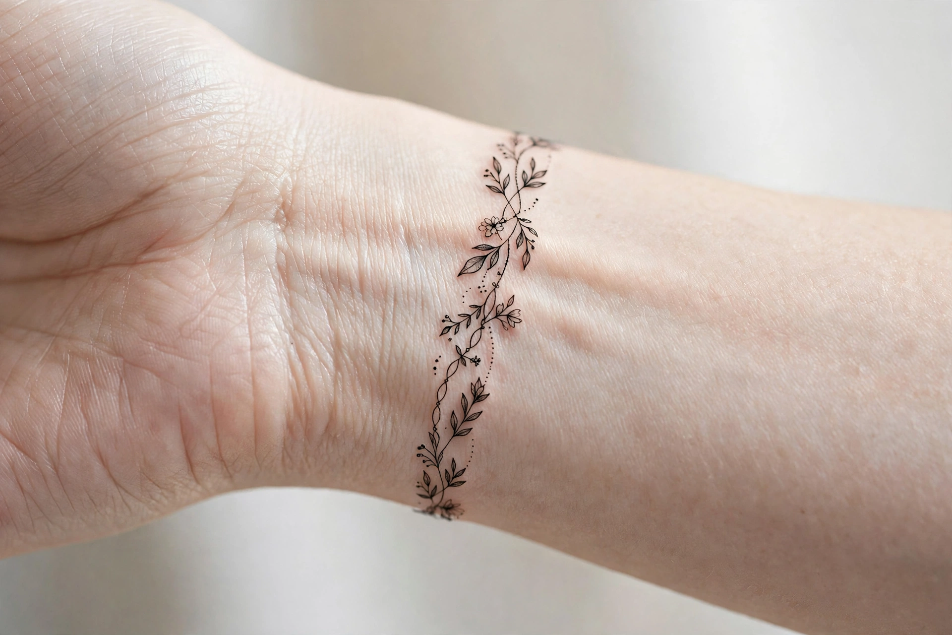 Small semicolon tattoo on a woman’s wrist