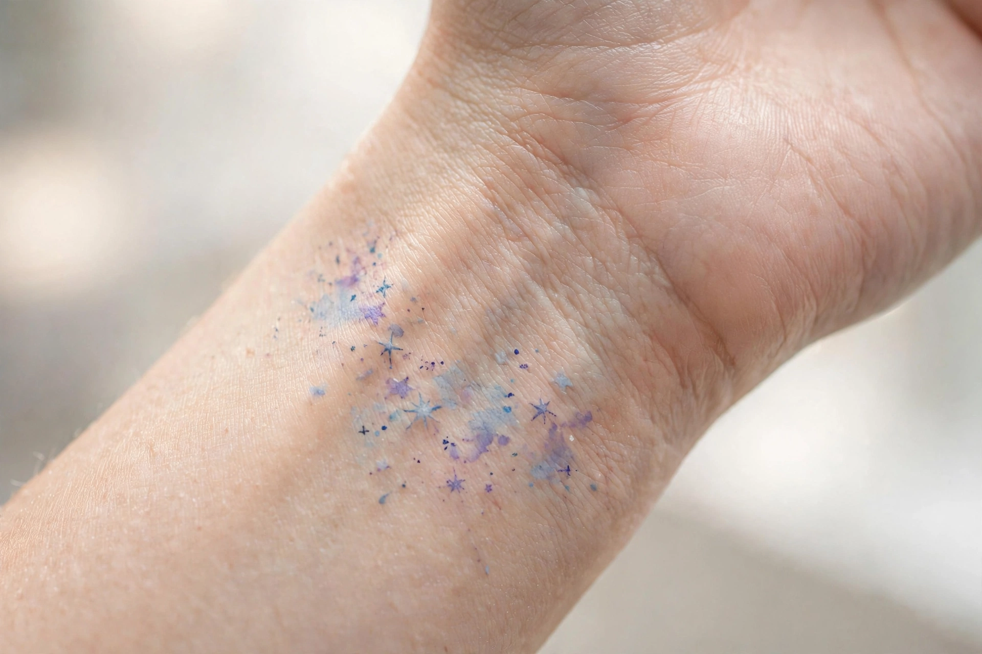 Delicate feather curving around a woman’s wrist tattoo