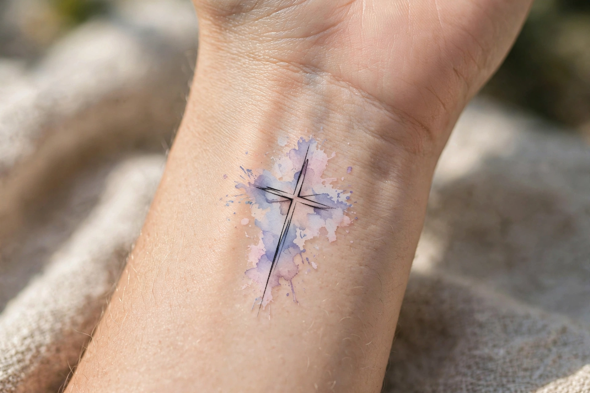 Small fine-line cross tattoo on a woman’s wrist