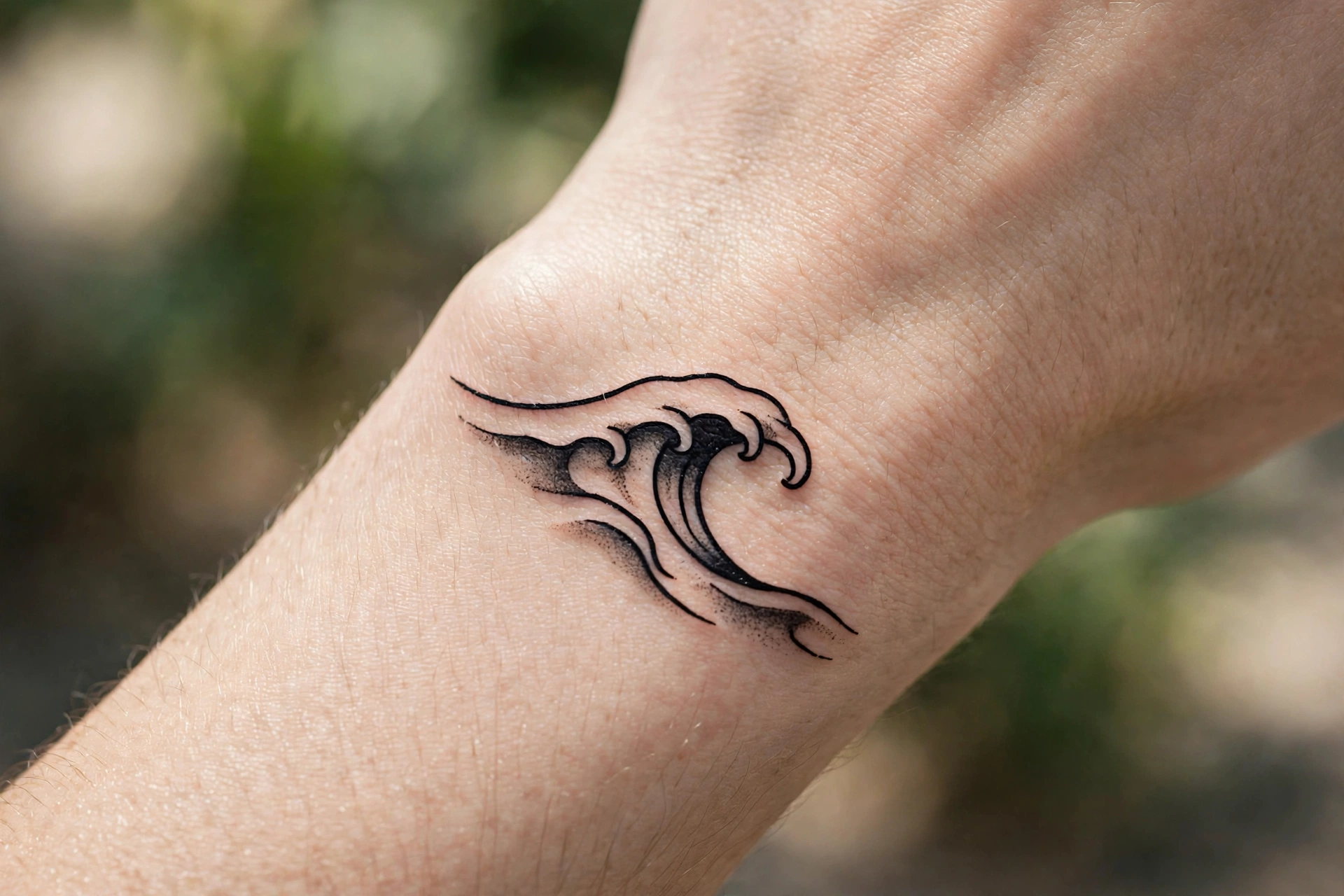 Tiny minimalist rainbow arc tattoo on a woman’s wrist
