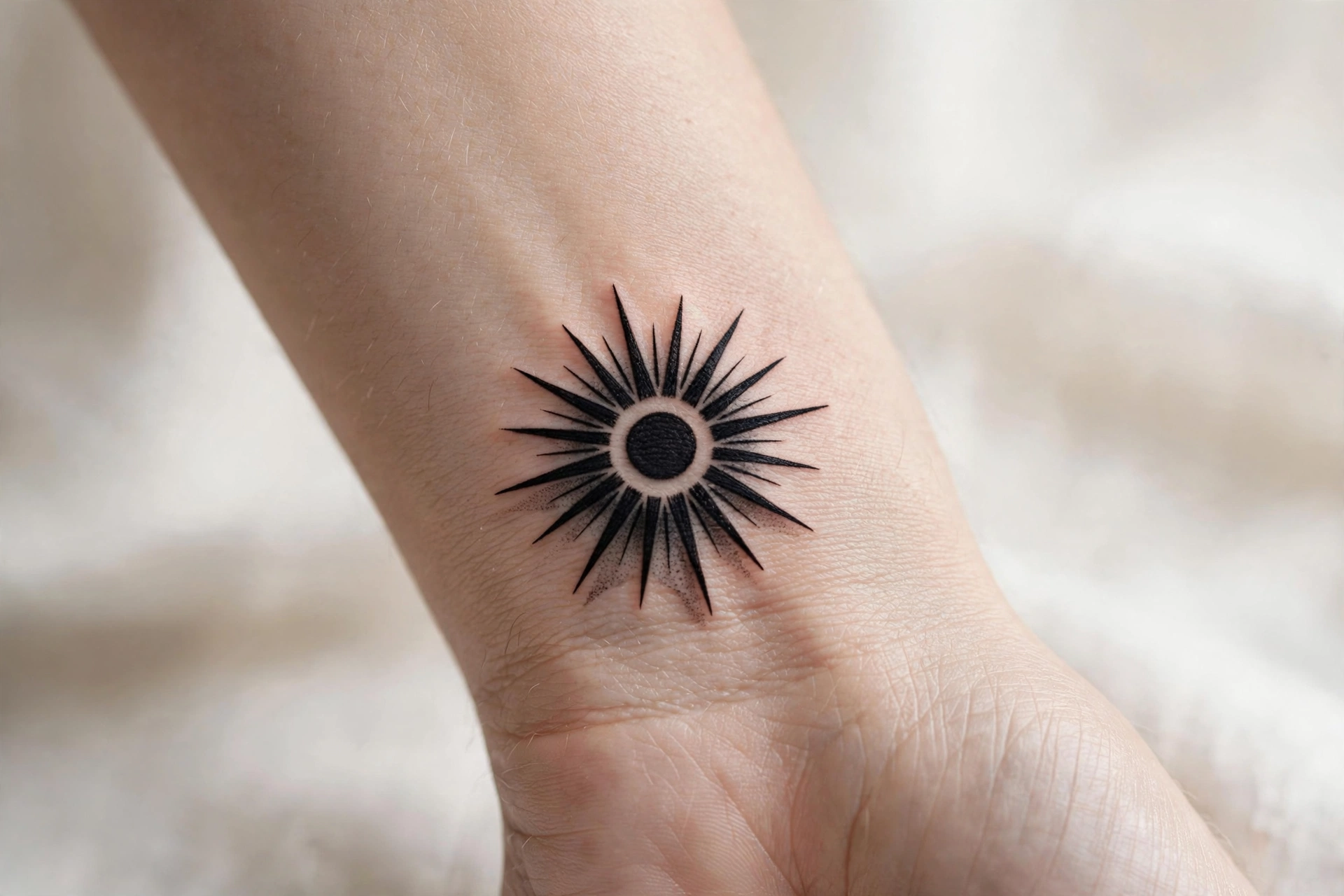 Small cheerful sunflower tattoo on a woman’s wrist