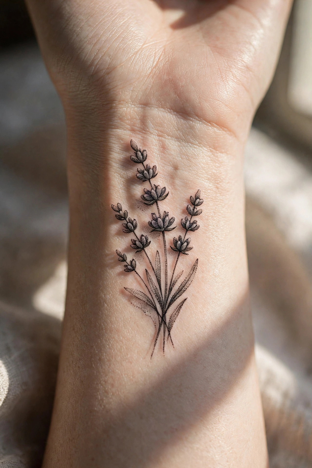 Pearl-like dotwork bracelet tattoo around a woman’s wrist